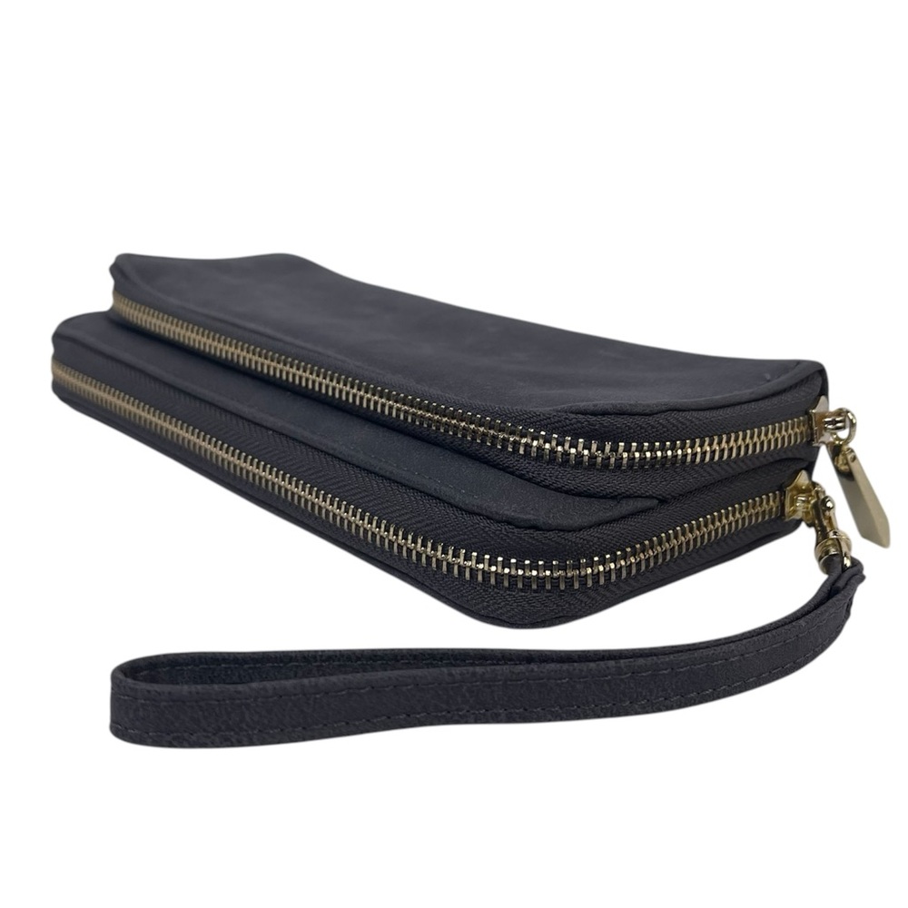 Grey Wristlet Wallet with Gold Zippers Faux Leather New